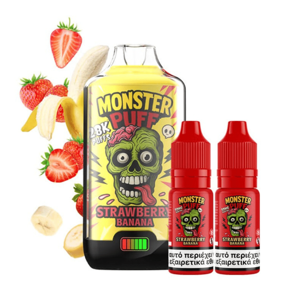 Monster Puff 28K Kit Strawberry Banana Συσκευή 2ml & 2x10ml 20mg Monster Puff 28K Kit Strawberry Banana Συσκευή 2ml & 2x10ml 20mg - Image 1